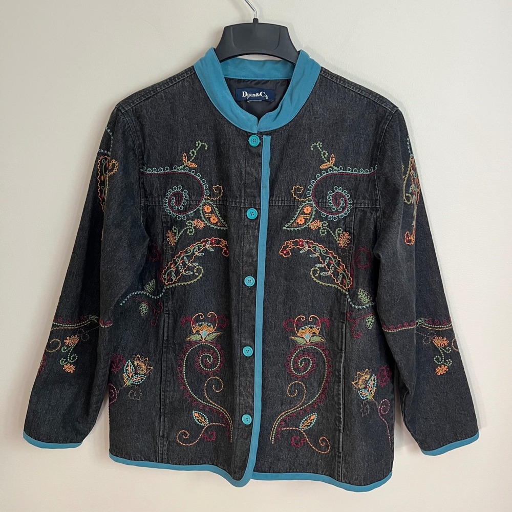 Denim Embroidered Boho Floral Paisley Black Jacket Turquoise Trim Y2K Cottage